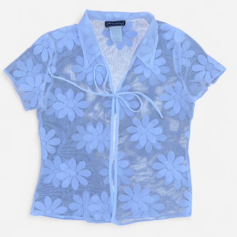 Anxiety Vintage 90s Y2K White Floral Wide Mesh Button Up Shirt